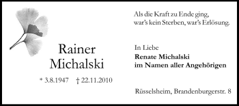 Traueranzeige von Rainer Michalski von Rüsselsheimer Echo, Groß-Gerauer-Echo, Ried Echo