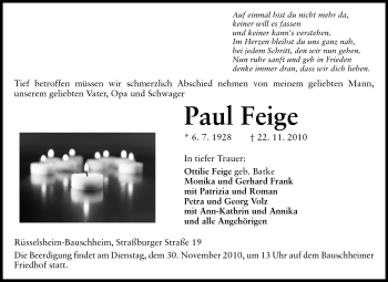 Traueranzeige von Paul Feige von Rüsselsheimer Echo, Groß-Gerauer-Echo, Ried Echo