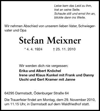 Traueranzeige von Stefan Meixner von Darmstädter Echo, Odenwälder Echo, Rüsselsheimer Echo, Groß-Gerauer-Echo, Ried Echo