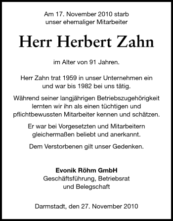 Traueranzeige von Herbert Zahn von Echo-Zeitungen (Gesamtausgabe)