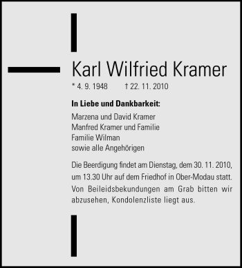 Traueranzeige von Karl Wilfried Kramer von Echo-Zeitungen (Gesamtausgabe)