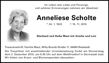 Traueranzeige von Anneliese Scholte von Darmstädter Echo, Odenwälder Echo, Rüsselsheimer Echo, Groß-Gerauer-Echo, Ried Echo