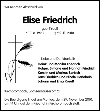 Traueranzeige von Elise Friedrich von Odenwälder Echo