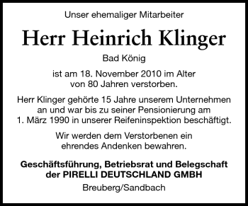 Traueranzeige von Heinrich Klinger von Odenwälder Echo