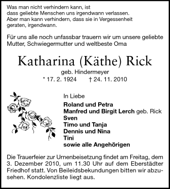 Traueranzeige von Katharina Rick von Echo-Zeitungen (Gesamtausgabe)