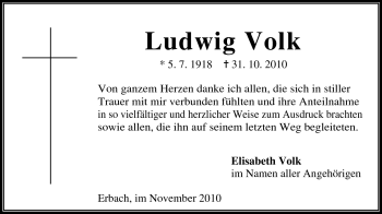 Traueranzeige von Ludwig Volk von Odenwälder Echo