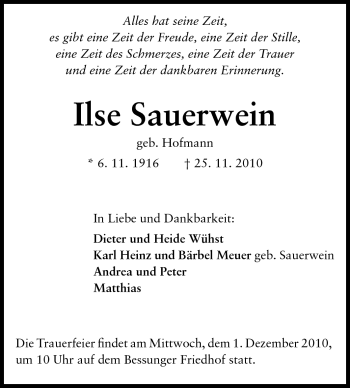 Traueranzeige von Ilse Sauerwein von Darmstädter Echo, Odenwälder Echo, Rüsselsheimer Echo, Groß-Gerauer-Echo, Ried Echo