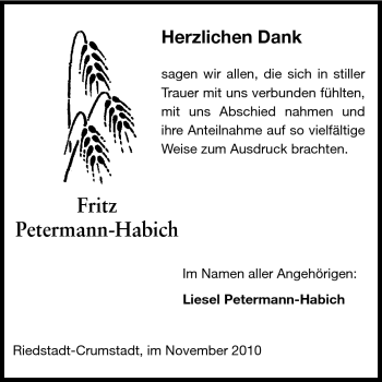 Traueranzeige von Fritz Petermann-Habich von Echo-Zeitungen (Gesamtausgabe)