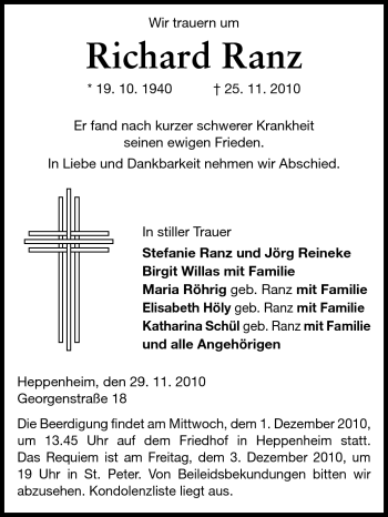 Traueranzeige von Richard Ranz von Starkenburger Echo