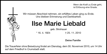 Traueranzeige von Ilse Marie Liebald von Rüsselsheimer Echo, Groß-Gerauer-Echo, Ried Echo