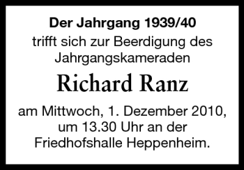 Traueranzeige von Richard Ranz von Starkenburger Echo