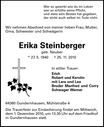 Traueranzeige von Erika Steinberger von Echo-Zeitungen (Gesamtausgabe)