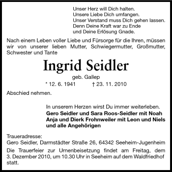 Traueranzeige von Ingrid Seidler von Echo-Zeitungen (Gesamtausgabe)