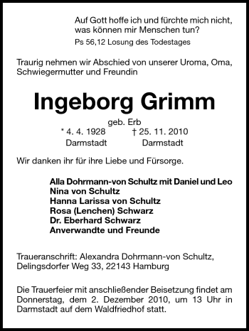 Traueranzeige von Ingeborg Grimm von Darmstädter Echo, Odenwälder Echo, Rüsselsheimer Echo, Groß-Gerauer-Echo, Ried Echo