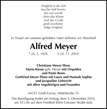 Traueranzeige von Alfred Meyer von Rüsselsheimer Echo, Groß-Gerauer-Echo, Ried Echo