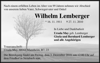 Traueranzeige von Wilhelm Lemberger von Odenwälder Echo