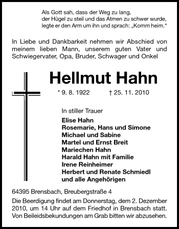 Traueranzeige von Hellmut Hahn von Odenwälder Echo