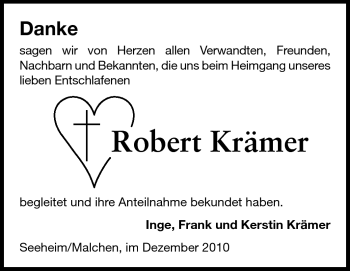 Traueranzeige von Robert Krämer von Echo-Zeitungen (Gesamtausgabe)