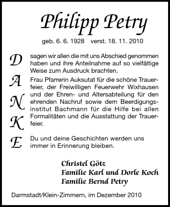 Traueranzeige von Philipp Petry von Darmstädter Echo, Odenwälder Echo, Rüsselsheimer Echo, Groß-Gerauer-Echo, Ried Echo