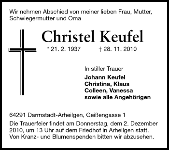 Traueranzeige von Christel Keufel von Echo-Zeitungen (Gesamtausgabe)