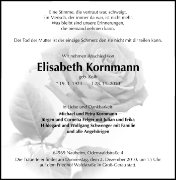 Traueranzeige von Elisabeth Kornmann von Rüsselsheimer Echo, Groß-Gerauer-Echo, Ried Echo