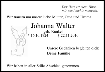 Traueranzeige von Johanna Walter von Echo-Zeitungen (Gesamtausgabe)