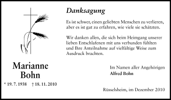 Traueranzeige von Marianne Bohn von Rüsselsheimer Echo, Groß-Gerauer-Echo, Ried Echo