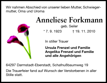 Traueranzeige von Annliese Forkmann von Echo-Zeitungen (Gesamtausgabe)