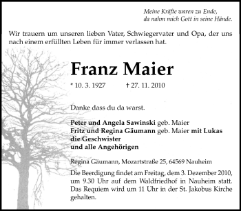 Traueranzeige von Franz Maier von Rüsselsheimer Echo, Groß-Gerauer-Echo, Ried Echo