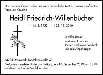 Traueranzeige von Heidi Friedrich-Willenbücher von Darmstädter Echo, Odenwälder Echo, Rüsselsheimer Echo, Groß-Gerauer-Echo, Ried Echo
