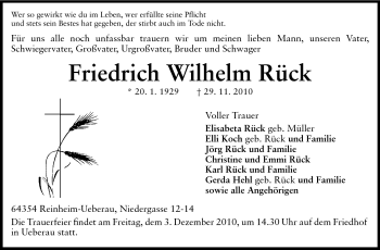 Traueranzeige von Friedrich Wilhelm Rück von Darmstädter Echo, Odenwälder Echo, Rüsselsheimer Echo, Groß-Gerauer-Echo, Ried Echo