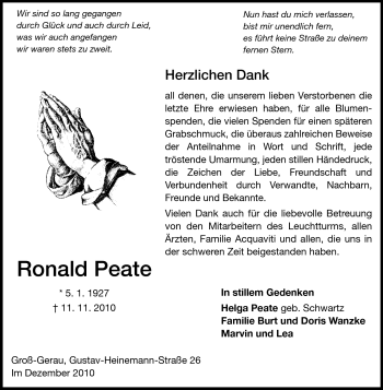 Traueranzeige von Ronald Peate von Rüsselsheimer Echo, Groß-Gerauer-Echo, Ried Echo