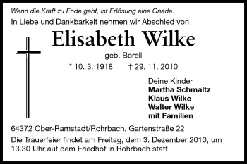 Traueranzeige von Elisabeth Wilke von Darmstädter Echo, Odenwälder Echo, Rüsselsheimer Echo, Groß-Gerauer-Echo, Ried Echo