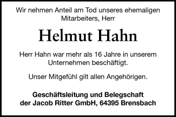 Traueranzeige von Helmut Hahn von Darmstädter Echo, Odenwälder Echo, Rüsselsheimer Echo, Groß-Gerauer-Echo, Ried Echo