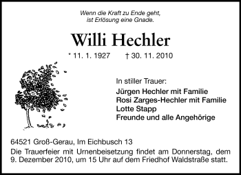Traueranzeige von Willi Hechler von Rüsselsheimer Echo, Groß-Gerauer-Echo, Ried Echo