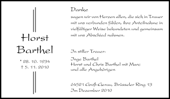 Traueranzeige von Horst Barthel von Rüsselsheimer Echo, Groß-Gerauer-Echo, Ried Echo