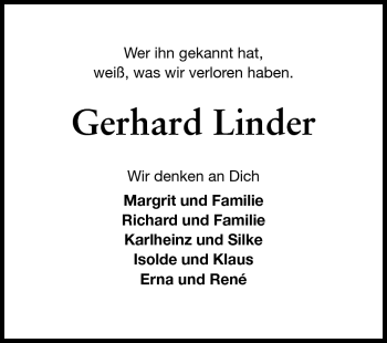 Traueranzeige von Gerhard Linder von Odenwälder Echo