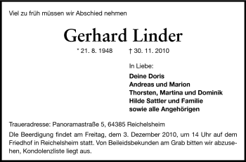 Traueranzeige von Gerhard Linder von Odenwälder Echo