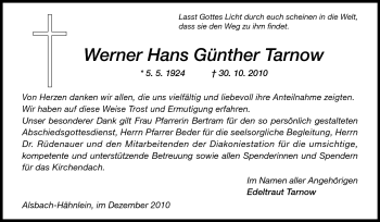 Traueranzeige von Werner hans Günther Tarnow von Echo-Zeitungen (Gesamtausgabe)