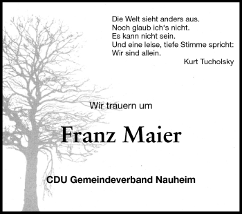Traueranzeige von Franz Maier von Rüsselsheimer Echo, Groß-Gerauer-Echo, Ried Echo