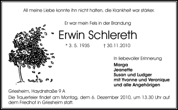 Traueranzeige von Erwin Schlereth von Echo-Zeitungen (Gesamtausgabe)