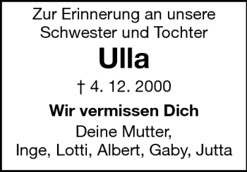 Traueranzeige von Ulla - von Echo-Zeitungen (Gesamtausgabe)
