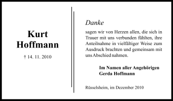 Traueranzeige von Kurt Hoffmann von Rüsselsheimer Echo, Groß-Gerauer-Echo, Ried Echo