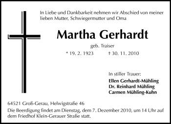 Traueranzeige von Martha Gerhardt von Rüsselsheimer Echo, Groß-Gerauer-Echo, Ried Echo