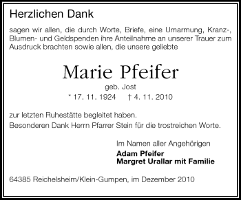 Traueranzeige von Marie Pfeifer von Odenwälder Echo