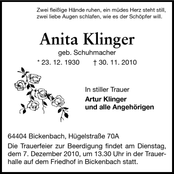 Traueranzeige von Anita Klinger von Echo-Zeitungen (Gesamtausgabe)