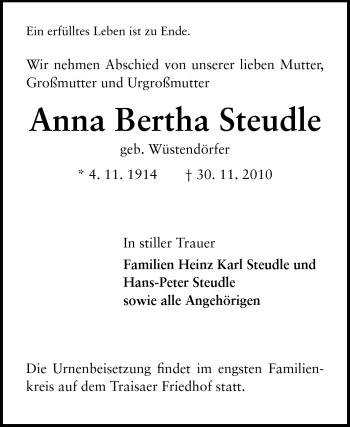 Traueranzeige von Anna Bertha Steudle von Darmstädter Echo, Odenwälder Echo, Rüsselsheimer Echo, Groß-Gerauer-Echo, Ried Echo
