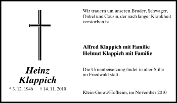 Traueranzeige von Heinz Klappich von Rüsselsheimer Echo, Groß-Gerauer-Echo, Ried Echo