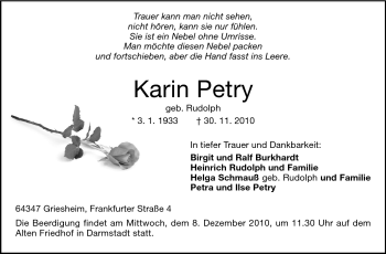Traueranzeige von Karin Petry von Darmstädter Echo, Odenwälder Echo, Rüsselsheimer Echo, Groß-Gerauer-Echo, Ried Echo