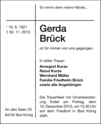 Traueranzeige von Gerda Brück von Odenwälder Echo